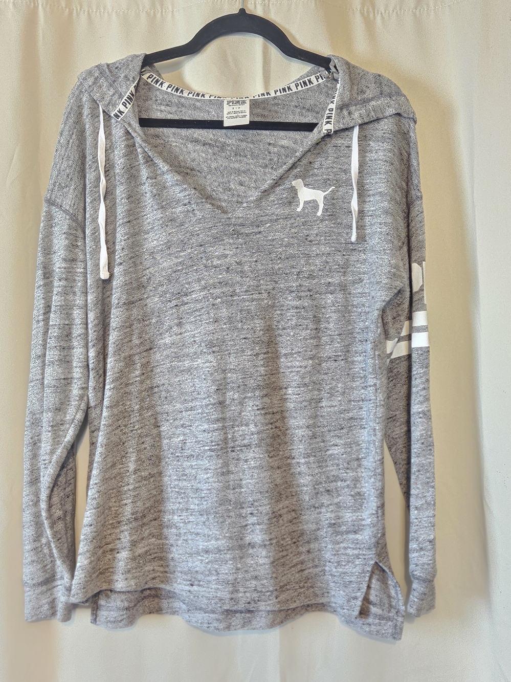 PINK Victoria's Secret Heather Gray V‑Neck Hooded Long Sleeve Top
